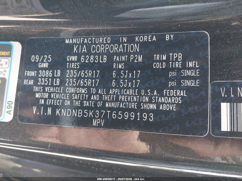 2026 Kia Carnival VIN KNDNB5K37T6599193 IAAI salvage auction — RIGHT FRONT, Salvage Title, sold $10,025 on 2026-08-26 (photo 9)