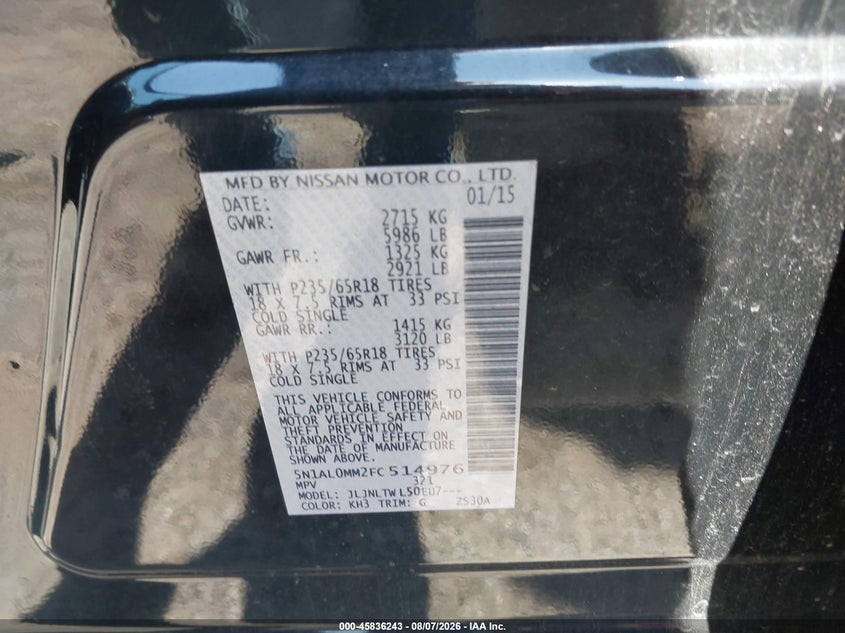 2015 Infiniti Qx60 VIN 5N1AL0MM2FC514976 IAAI salvage auction — NORMAL WEAR, Clear (Maryland), sold $1,225 on 2026-09-07 (photo 9)