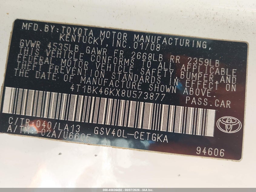 2008 Toyota Camry VIN 4T1BK46KX8U573877 IAAI salvage auction — NORMAL WEAR, Clear - Dealer Only (California), sold $650 on 2026-08-20 (photo 9)
