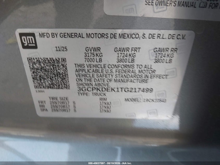 2026 Chevrolet Silverado VIN 3GCPKDEK1TG217499 IAAI salvage auction — FRONT END, Clear (Texas), sold $26,500 on 2026-08-19 (photo 9)