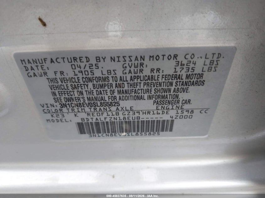 2025 Nissan Versa VIN 3N1CN8EV0SL855825 IAAI salvage auction — SIDE, Enterprise Vehicles Clear Only (Texas), sold $12,150 on 2026-08-14 (photo 9)