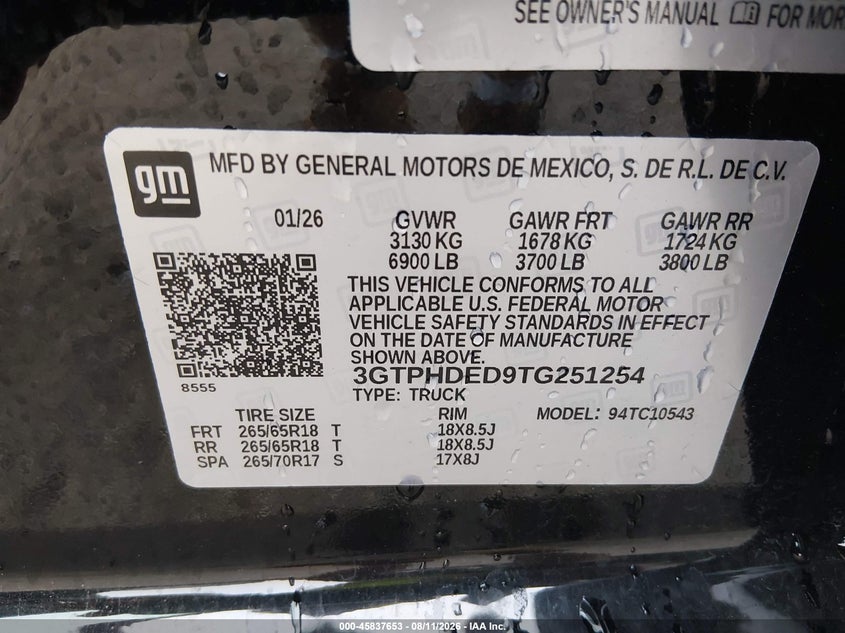 2026 Gmc Sierra 1500 VIN 3GTPHDED9TG251254 IAAI salvage auction — FRONT END, Enterprise Vehicles Clear Only (Florida), sold $34,200 on 2026-08-20 (photo 9)