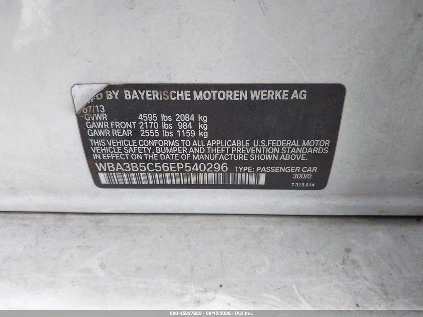2014 BMW 3er VIN WBA3B5C56EP540296 IAAI salvage auction — REAR END, Salvage Certificate (California), sold $1,700 on 2026-08-21 (photo 9)