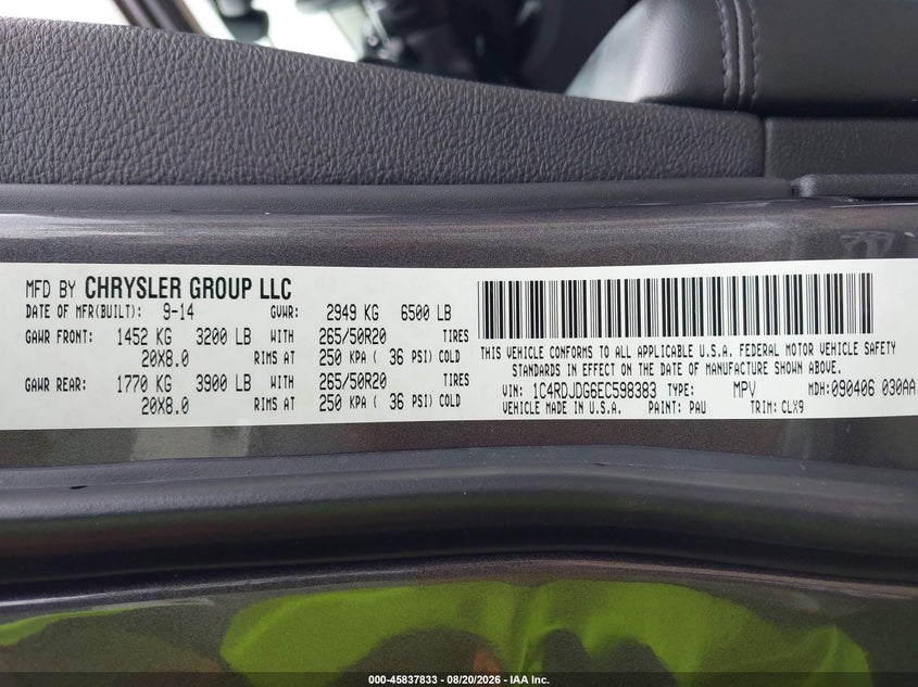 2014 Dodge Durango VIN 1C4RDJDG6EC598383 IAAI salvage auction — SIDE, Mv-907A (New York), sold $2,225 on 2026-09-01 (photo 9)