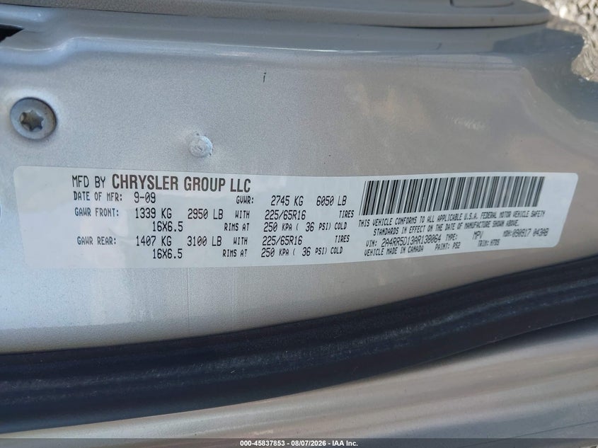 2010 Chrysler Town & country VIN 2A4RR5D13AR138064 IAAI salvage auction — NORMAL WEAR, Clear (New York), sold $775 on 2026-08-23 (photo 9)