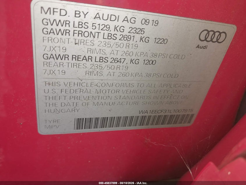 2020 Audi Q3 VIN WA1EECF31L1007915 IAAI salvage auction — FRONT END, Salvage (New Jersey), sold $8,000 on 2026-09-09 (photo 9)