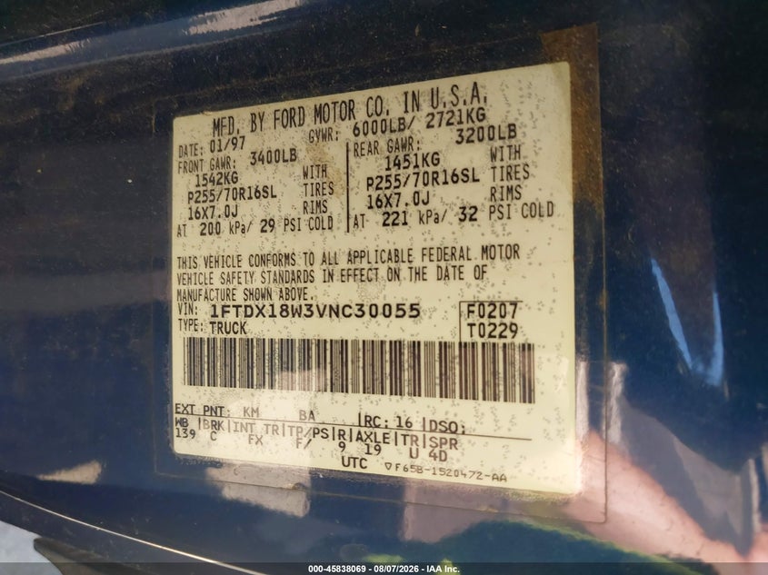 1997 Ford F-150 VIN 1FTDX18W3VNC30055 IAAI salvage auction — NORMAL WEAR, Clear (Maryland), sold $575 on 2026-08-15 (photo 9)
