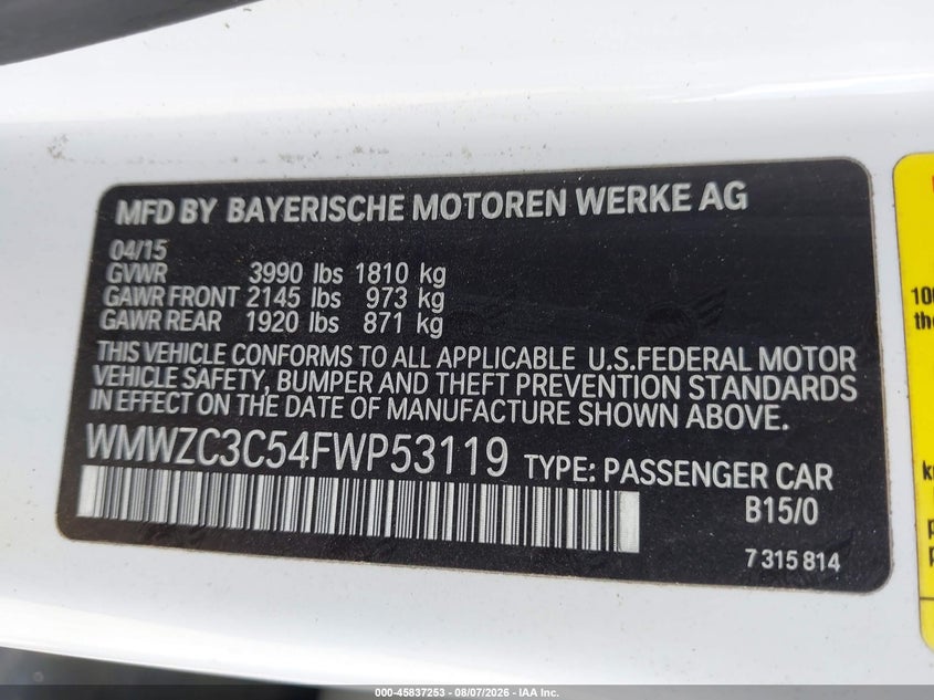 2015 Mini Countryman VIN WMWZC3C54FWP53119 IAAI salvage auction — NORMAL WEAR, Clear (Florida), sold $1,650 on 2026-08-18 (photo 9)