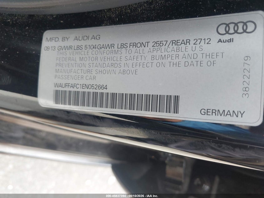 2014 Audi A6 VIN WAUFFAFC1EN052664 IAAI salvage auction — NORMAL WEAR, Clear (South Carolina), sold $1,100 on 2026-09-10 (photo 9)