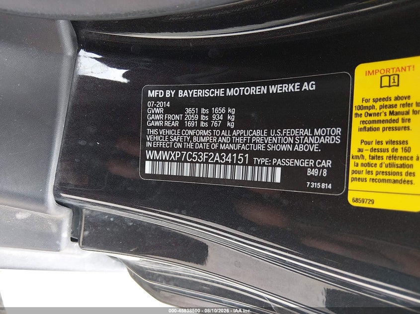 2015 Mini Hard top VIN WMWXP7C53F2A34151 IAAI salvage auction — FRONT END, Salvage (Texas), sold $1,225 on 2026-08-29 (photo 9)