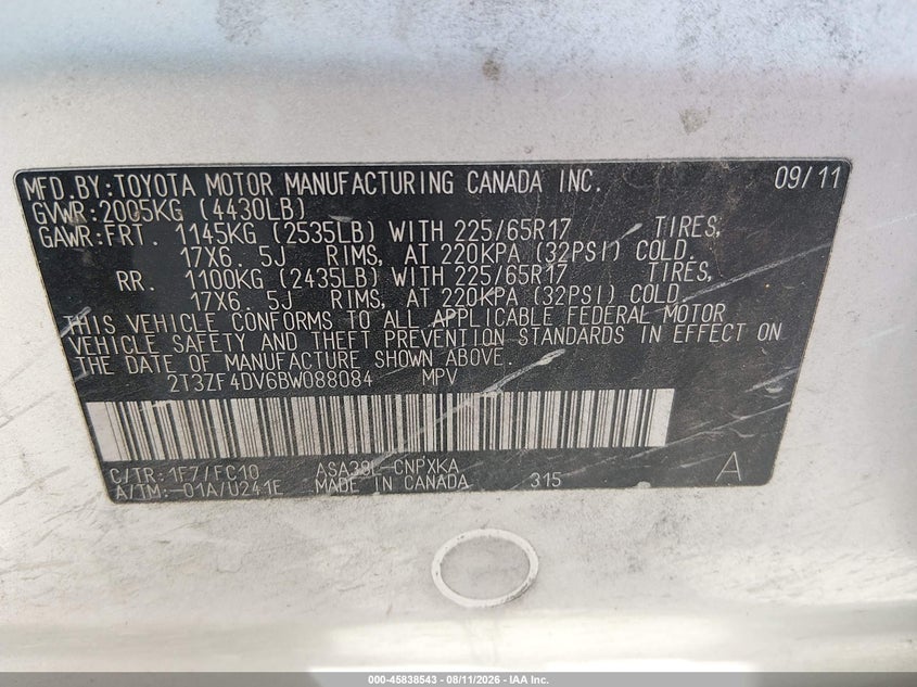 2011 Toyota RAV 4 VIN 2T3ZF4DV6BW088084 IAAI salvage auction — Normal Wear & Tear, Clear, sold $1,450 on 2026-10-19 (photo 9)