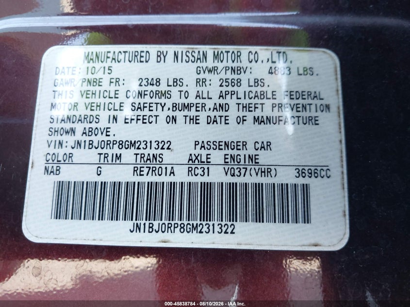 2016 Infiniti Qx50 VIN JN1BJ0RP8GM231322 IAAI salvage auction — REAR END, Rebuildable (Florida), sold $1,500 on 2026-08-20 (photo 9)