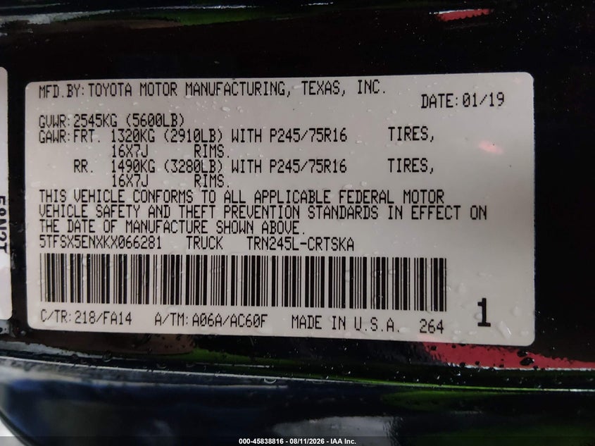 2019 Toyota Tacoma VIN 5TFSX5ENXKX066281 IAAI salvage auction — REAR END, Salvage (West Virginia), sold $7,300 on 2026-09-03 (photo 9)