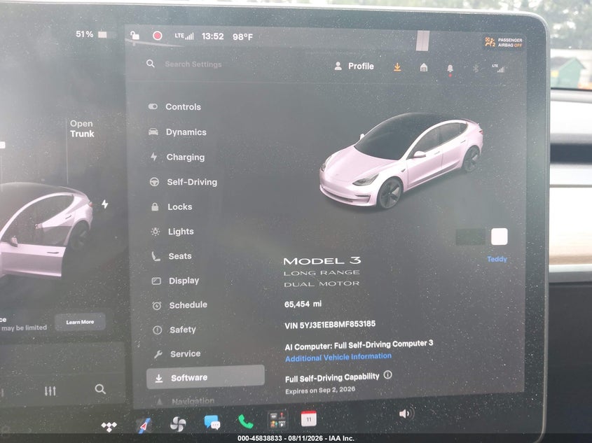 2021 Tesla Model 3 VIN 5YJ3E1EB8MF853185 IAAI salvage auction — FRONT END, Salvage Title, sold $8,275 on 2026-08-29 (photo 7)