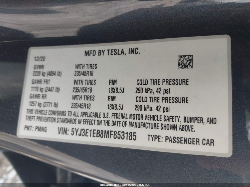 2021 Tesla Model 3 VIN 5YJ3E1EB8MF853185 IAAI salvage auction — FRONT END, Salvage Title, sold $8,275 on 2026-08-29 (photo 9)