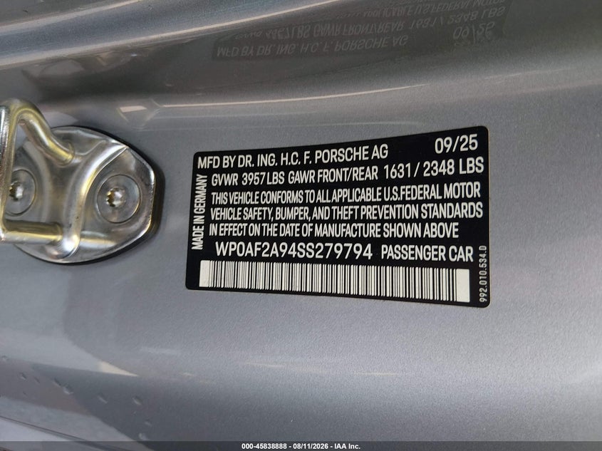 2025 Porsche 911 VIN WP0AF2A94SS279794 IAAI salvage auction — SIDE, Salvage (North Carolina), sold $223,500 on 2026-08-24 (photo 9)