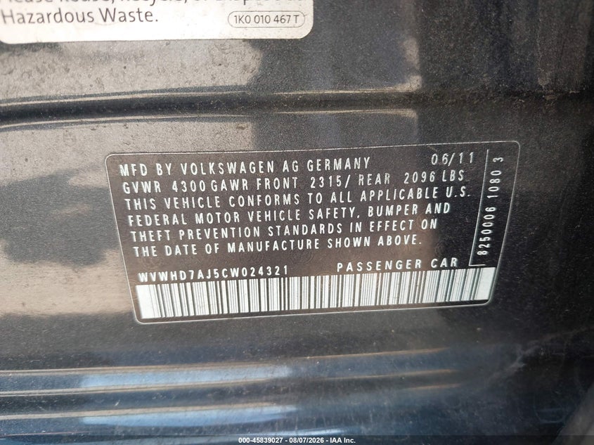 2012 Volkswagen Gti VIN WVWHD7AJ5CW024321 IAAI salvage auction — NORMAL WEAR, Clear (Tennessee), sold $1,725 on 2026-08-12 (photo 9)