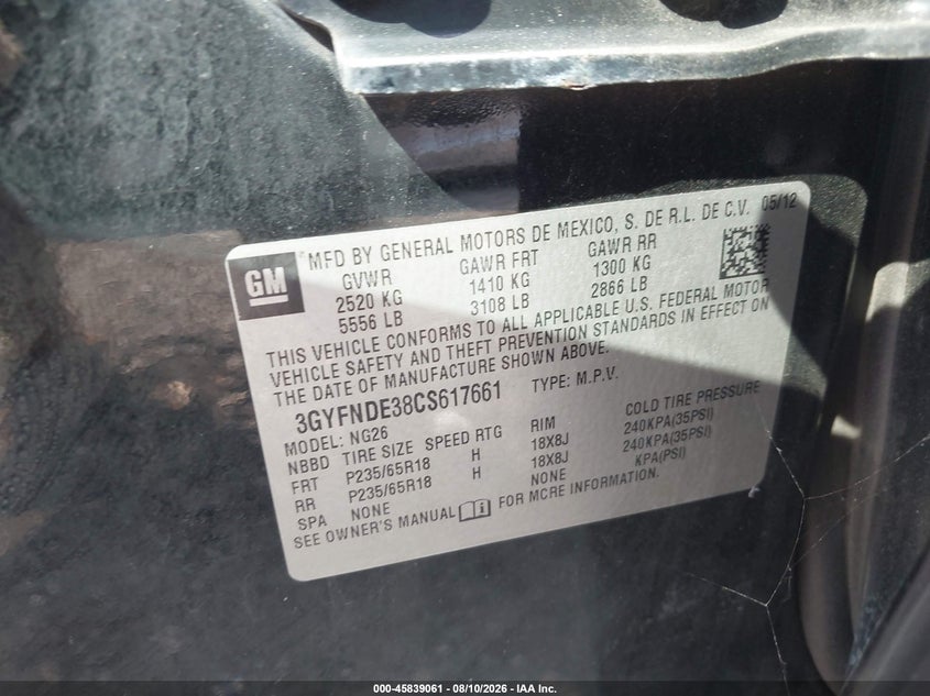 2012 Cadillac Srx VIN 3GYFNDE38CS617661 IAAI salvage auction — FRONT END, Wait Title, sold $725 on 2026-08-30 (photo 9)