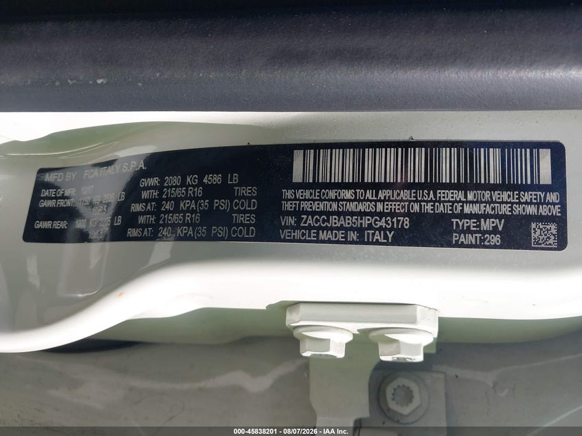 2017 Jeep Renegade VIN ZACCJBAB5HPG43178 IAAI salvage auction — NORMAL WEAR, Clear - Dealer Only (California), sold $2,200 on 2026-08-21 (photo 9)
