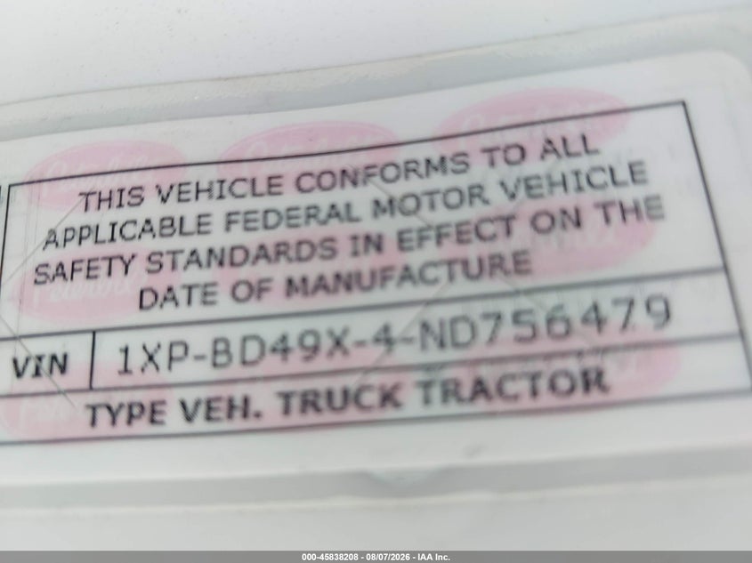 2022 Peterbilt 579 VIN 1XPBD49X4ND756479 IAAI salvage auction — UNKNOWN, Salvage Rebuilt (North Carolina), sold $19,050 on 2026-08-28 (photo 8)