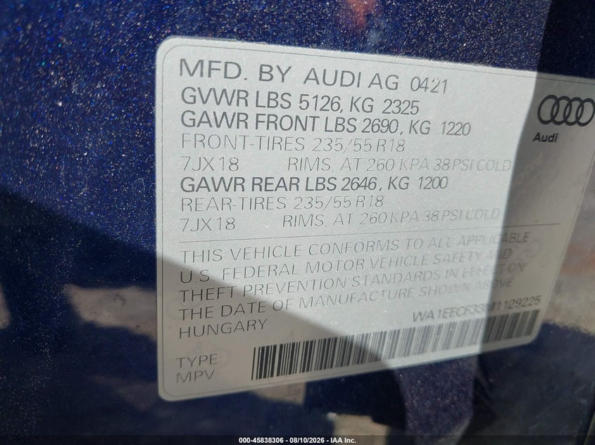 2021 Audi Q3 VIN WA1EECF33M1129225 IAAI salvage auction — REAR END, Salvage (Louisiana), sold $7,500 on 2026-09-05 (photo 9)