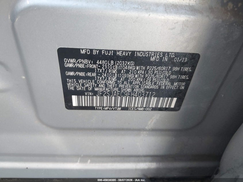 2014 Subaru Forester VIN JF2SJAEC9EH403712 IAAI salvage auction — NORMAL WEAR, Salvage Title, sold $2,050 on 2026-09-11 (photo 9)