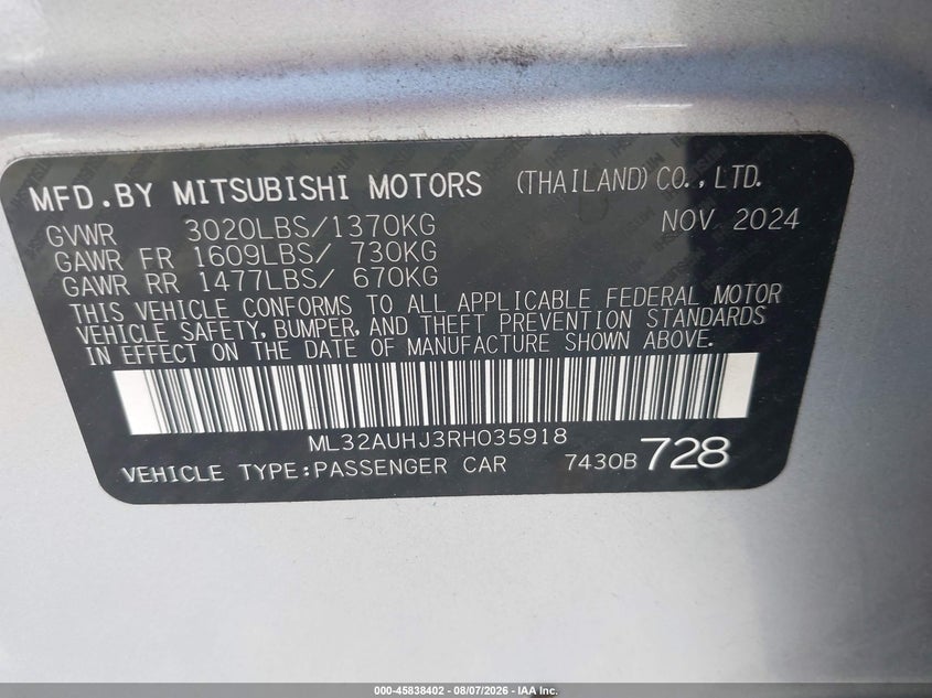 2024 Mitsubishi Mirage VIN ML32AUHJ3RH035918 IAAI salvage auction — FRONT END, Salvage Title, sold $1,300 on 2026-08-25 (photo 9)