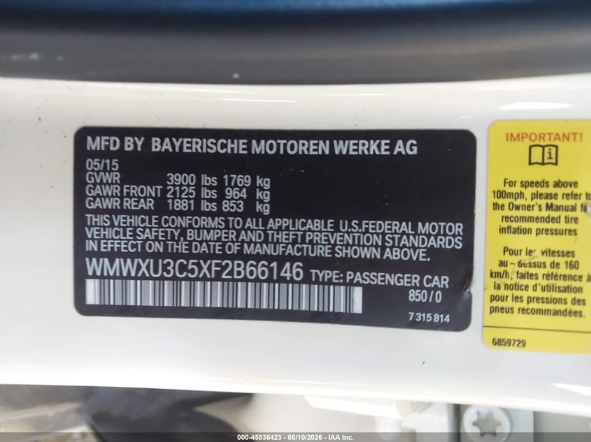 2015 Mini Hard top VIN WMWXU3C5XF2B66146 IAAI salvage auction — FRONT END, Wait Title, sold $3,100 on 2026-09-17 (photo 9)