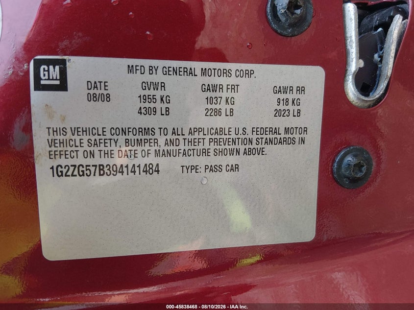 2009 Pontiac G6 VIN 1G2ZG57B394141484 IAAI salvage auction — LEFT FRONT, Salvage (Ohio), sold $600 on 2026-08-20 (photo 9)