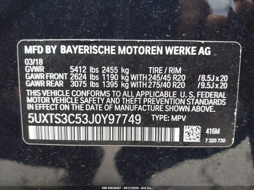 2018 BMW X3 VIN 5UXTS3C53J0Y97749 IAAI salvage auction — FRONT END, Mv-907A (New York), sold $10,900 on 2026-09-07 (photo 9)