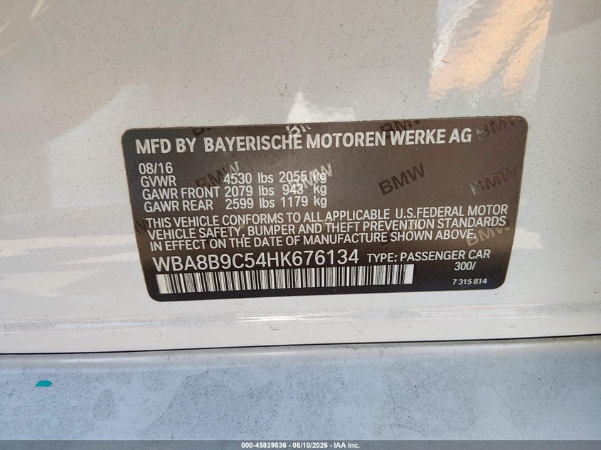 2017 BMW 3er VIN WBA8B9C54HK676134 IAAI salvage auction — REPOSSESSION, Clear - Dealer Only (California), sold $4,250 on 2026-08-19 (photo 9)