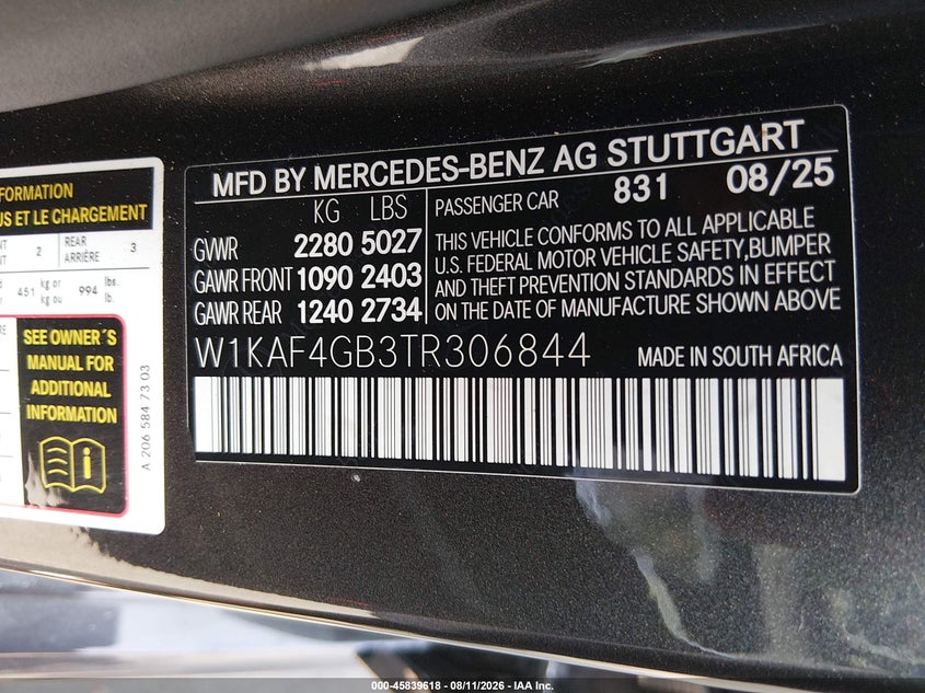 2026 Mercedes-benz C-klasse VIN W1KAF4GB3TR306844 IAAI salvage auction — ENGINE DAMAGE, Salvage (North Carolina), sold $19,100 on 2026-08-21 (photo 9)