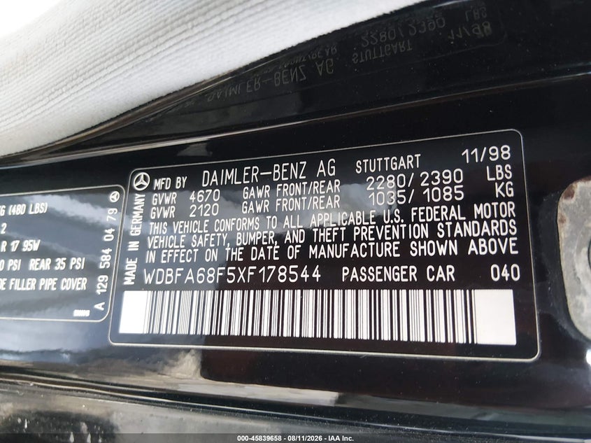 1999 Mercedes-benz Sl-klasse VIN WDBFA68F5XF178544 IAAI salvage auction — LEFT SIDE, Salvage (Mississippi), sold $6,900 on 2026-09-13 (photo 9)