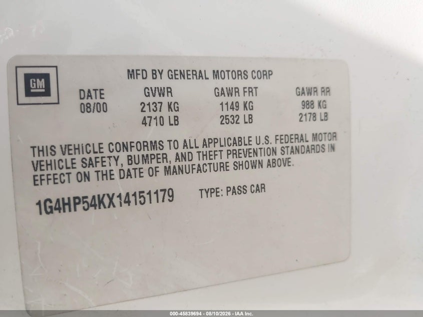 2001 Buick Lesabre VIN 1G4HP54KX14151179 IAAI salvage auction — FRONT END, Salvage (Arizona), sold $325 on 2026-09-01 (photo 9)