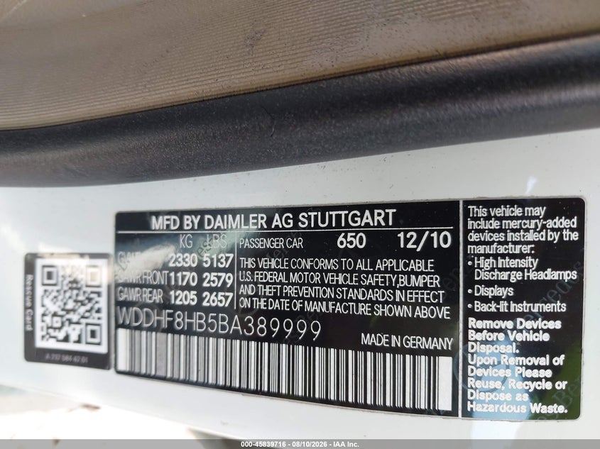 2011 Mercedes-benz E-class VIN WDDHF8HB5BA389999 IAAI salvage auction — UNKNOWN, Clear (Maryland), sold $1,000 on 2026-08-12 (photo 9)