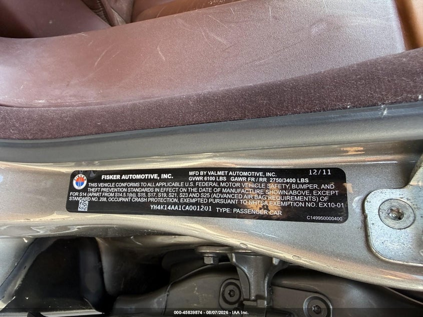 2012 Fisker Karma VIN YH4K14AA1CA001201 IAAI salvage auction — NORMAL WEAR, Clear (New Jersey), sold $15,100 on 2026-08-17 (photo 9)