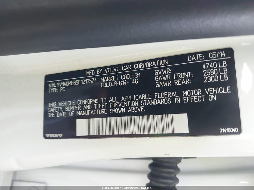 2015 Volvo V60 VIN YV140MEB5F1213574 IAAI salvage auction — NORMAL WEAR, Clear (Florida), sold $650 on 2026-08-18 (photo 9)