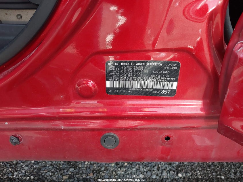2019 Mitsubishi Outlander VIN JA4AR3AU6KU028839 IAAI salvage auction — REAR END, Salvage - Greater Than 75% (Maryland), sold $850 on 2026-09-01 (photo 9)