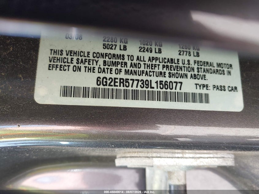 2009 Pontiac G8 VIN 6G2ER57739L156077 IAAI salvage auction — NORMAL WEAR, Clear (Connecticut), sold $5,000 on 2026-09-02 (photo 9)