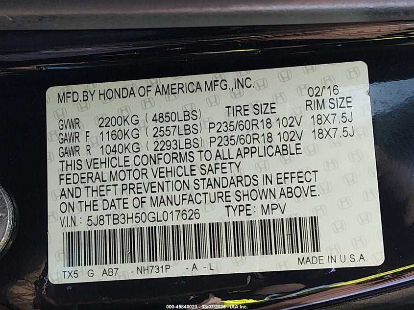 2016 Acura Rdx VIN 5J8TB3H50GL017626 IAAI salvage auction — FRONT END, Wait Title, sold $8,100 on 2026-08-24 (photo 9)