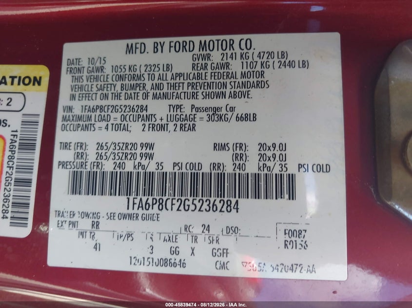 2016 Ford Mustang VIN 1FA6P8CF2G5236284 IAAI salvage auction — REAR END, Salvage Title, sold $5,100 on 2026-08-20 (photo 9)