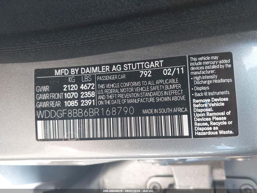 2011 Mercedes-benz C class VIN WDDGF8BB6BR168790 IAAI salvage auction — FRONT END, Salvage (Arizona), sold $1,500 on 2026-08-20 (photo 9)
