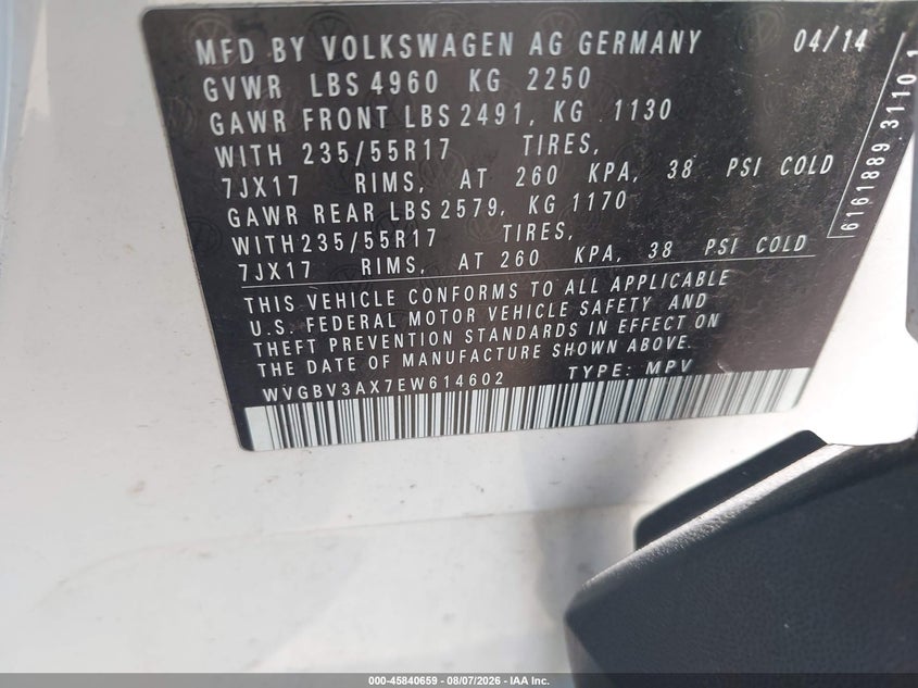 2014 Volkswagen Tiguan VIN WVGBV3AX7EW614602 IAAI salvage auction — NORMAL WEAR, Wait Title, sold $1,225 on 2026-08-13 (photo 9)