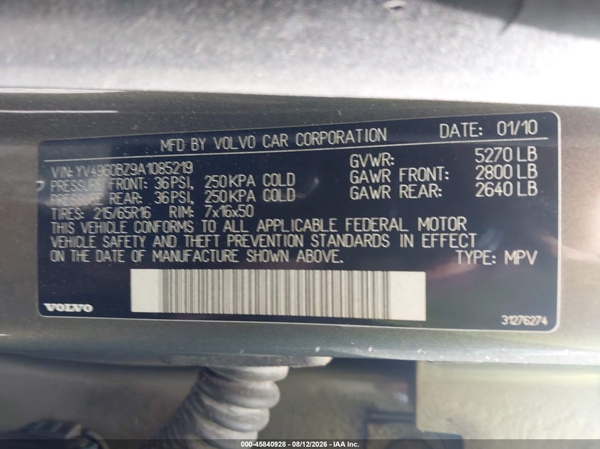 2010 Volvo Xc70 VIN YV4960BZ9A1085219 IAAI salvage auction — NORMAL WEAR, Clear (Virginia), sold $475 on 2026-08-18 (photo 9)