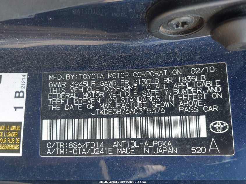 2010 Scion Tc VIN JTKDE3B76A0315376 IAAI salvage auction — LEFT FRONT, Salvage (North Carolina), sold $600 on 2026-09-04 (photo 9)