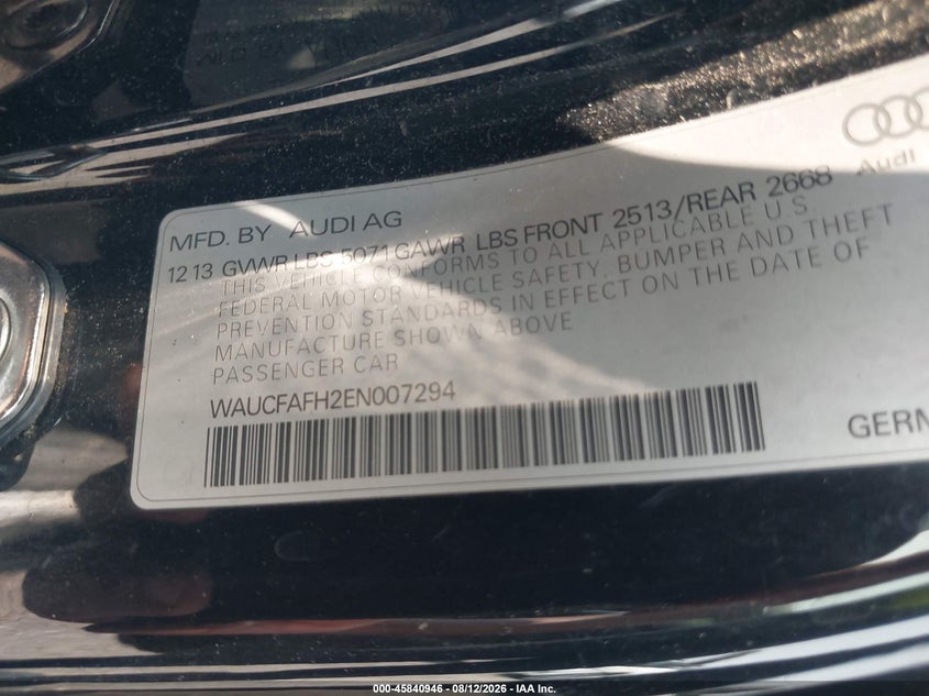 2014 Audi A5 VIN WAUCFAFH2EN007294 IAAI salvage auction — NORMAL WEAR, Clear (Delaware), sold $725 on 2026-08-23 (photo 9)