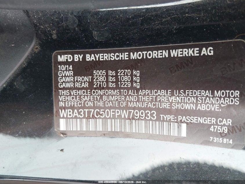 2015 BMW 4er VIN WBA3T7C50FPW79933 IAAI salvage auction — FRONT END, Salvage (Ohio), sold $8,050 on 2026-08-25 (photo 9)