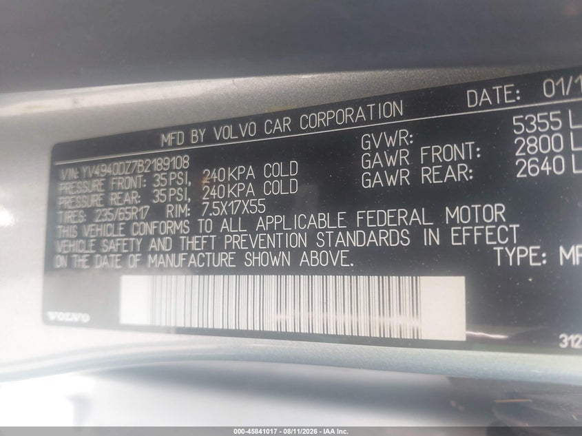 2011 Volvo Xc60 VIN YV4940DZ7B2189108 IAAI salvage auction — NORMAL WEAR, Clear (Massachusetts), sold $425 on 2026-08-14 (photo 9)