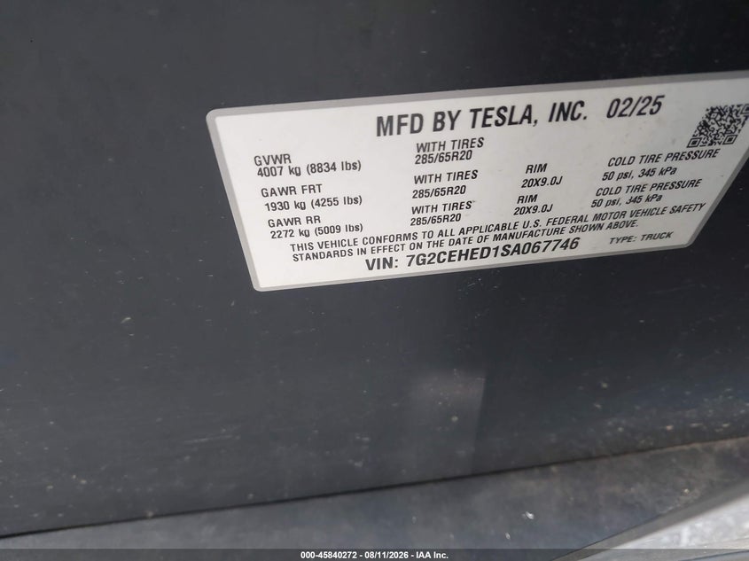 2025 Tesla Cybertruck VIN 7G2CEHED1SA067746 IAAI salvage auction — LEFT FRONT, Salvage (North Carolina), sold $27,500 on 2026-09-17 (photo 9)