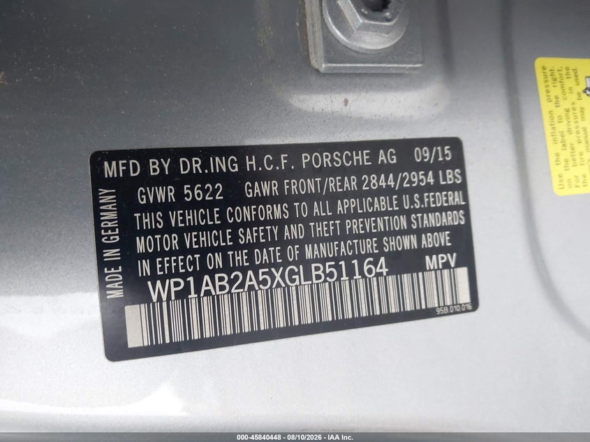 2016 Porsche Macan VIN WP1AB2A5XGLB51164 IAAI salvage auction — UNKNOWN, Clear (South Carolina), sold $9,000 on 2026-08-16 (photo 9)